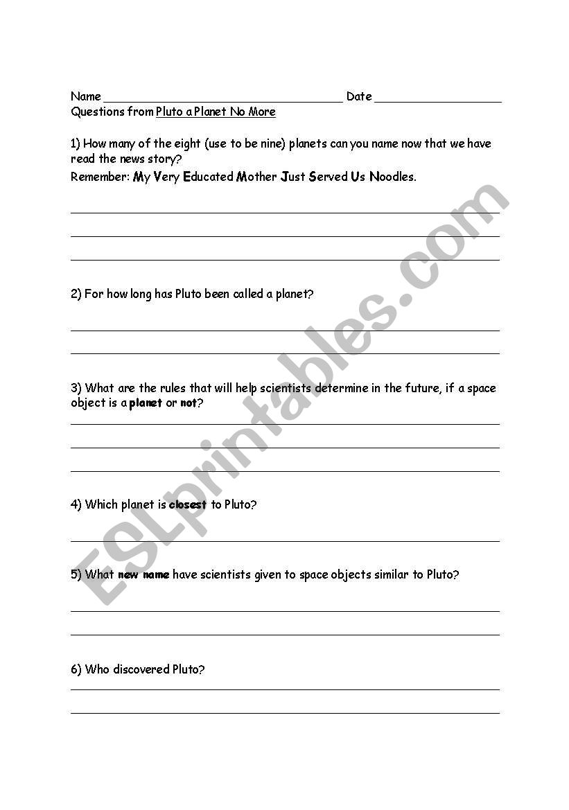 pluto No more! worksheet