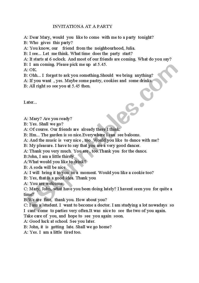 invitation at a party worksheet