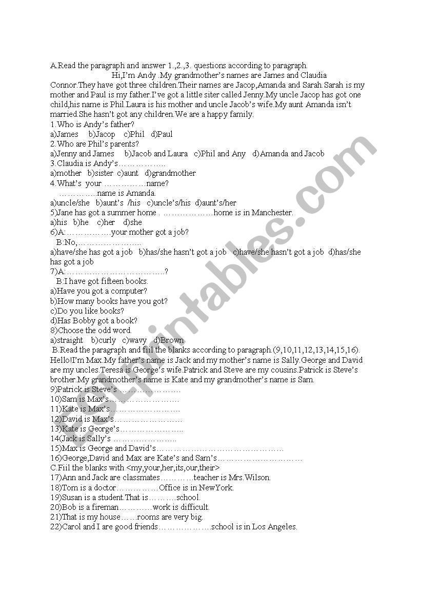 FAMILY -POSSESSIVES worksheet