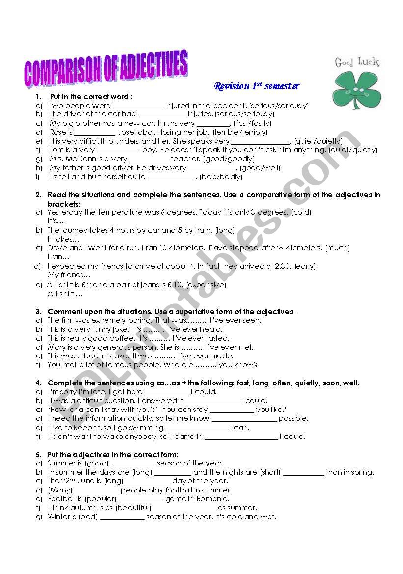 Comparison of adjectives worksheet