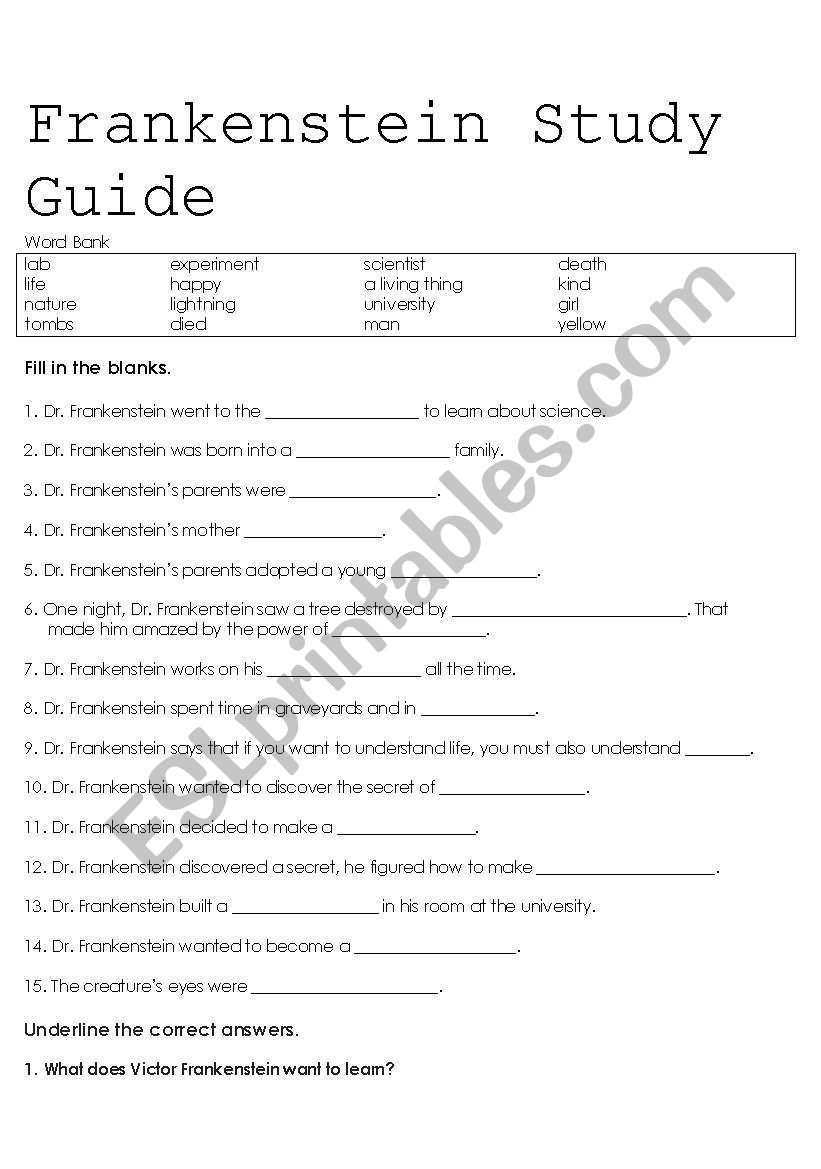 Frankenstein Study Guide worksheet