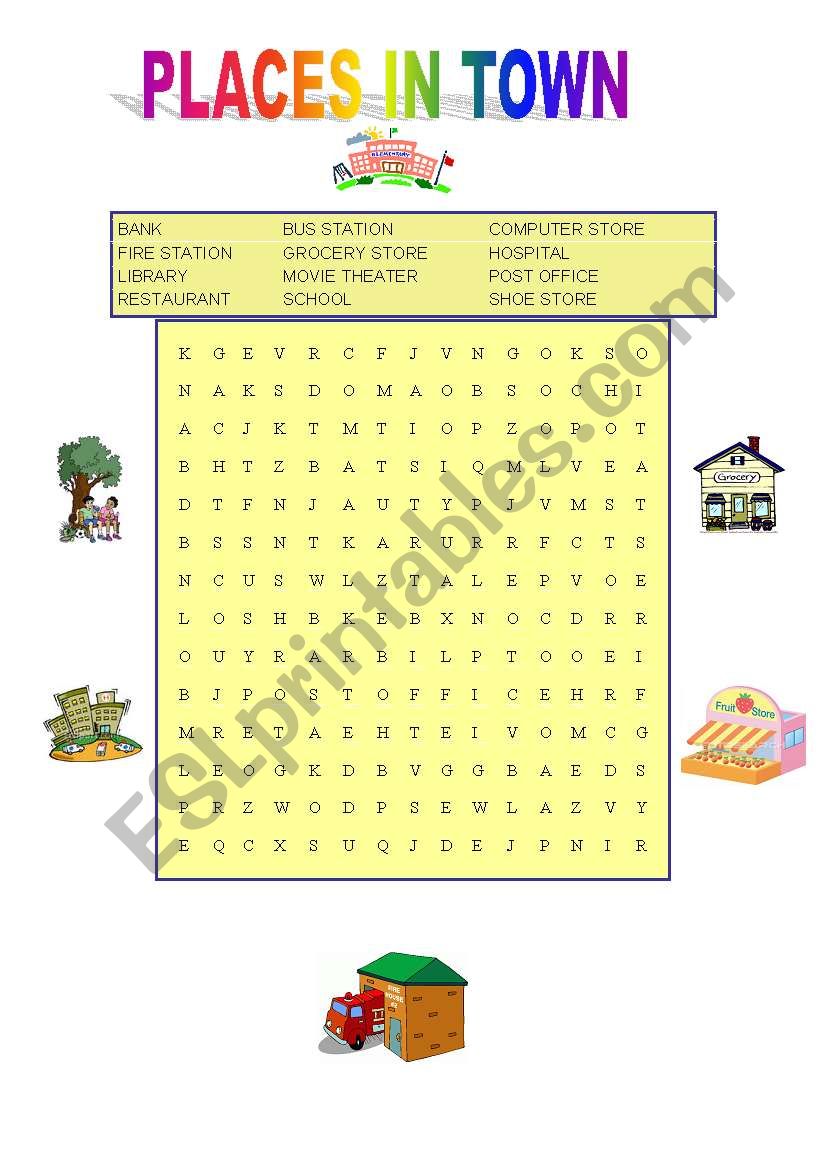 PLACES IN TOWN WORDSEARCH worksheet