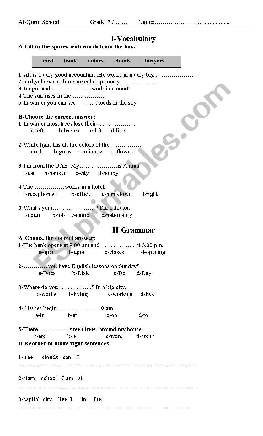 English For Grade 7 Worksheets