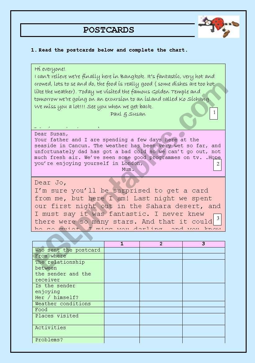 Postcards worksheet