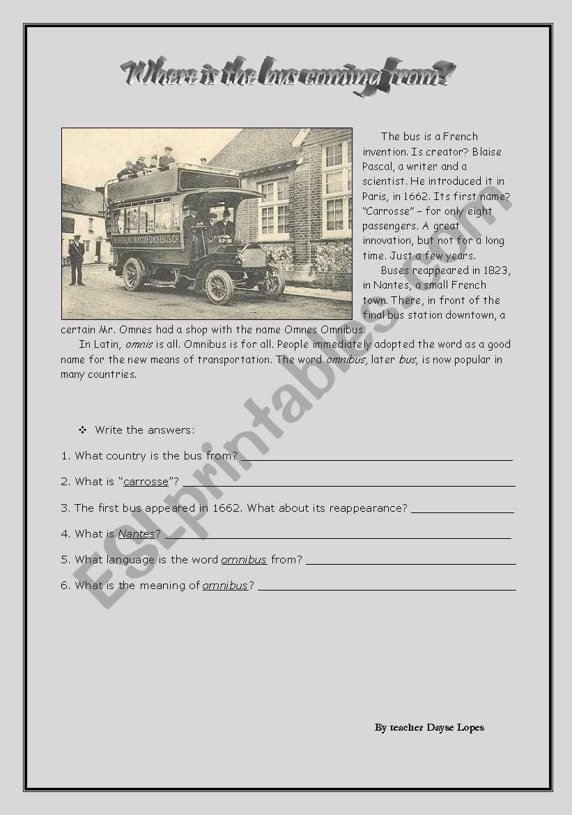 Where is the bus coming from? worksheet