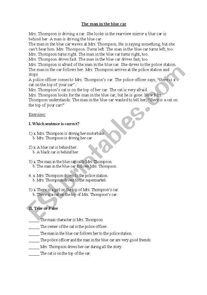 The man in the blue car worksheet