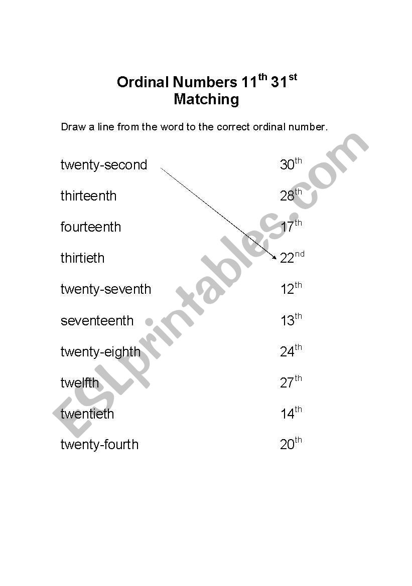Ordinal numbers matching worksheet