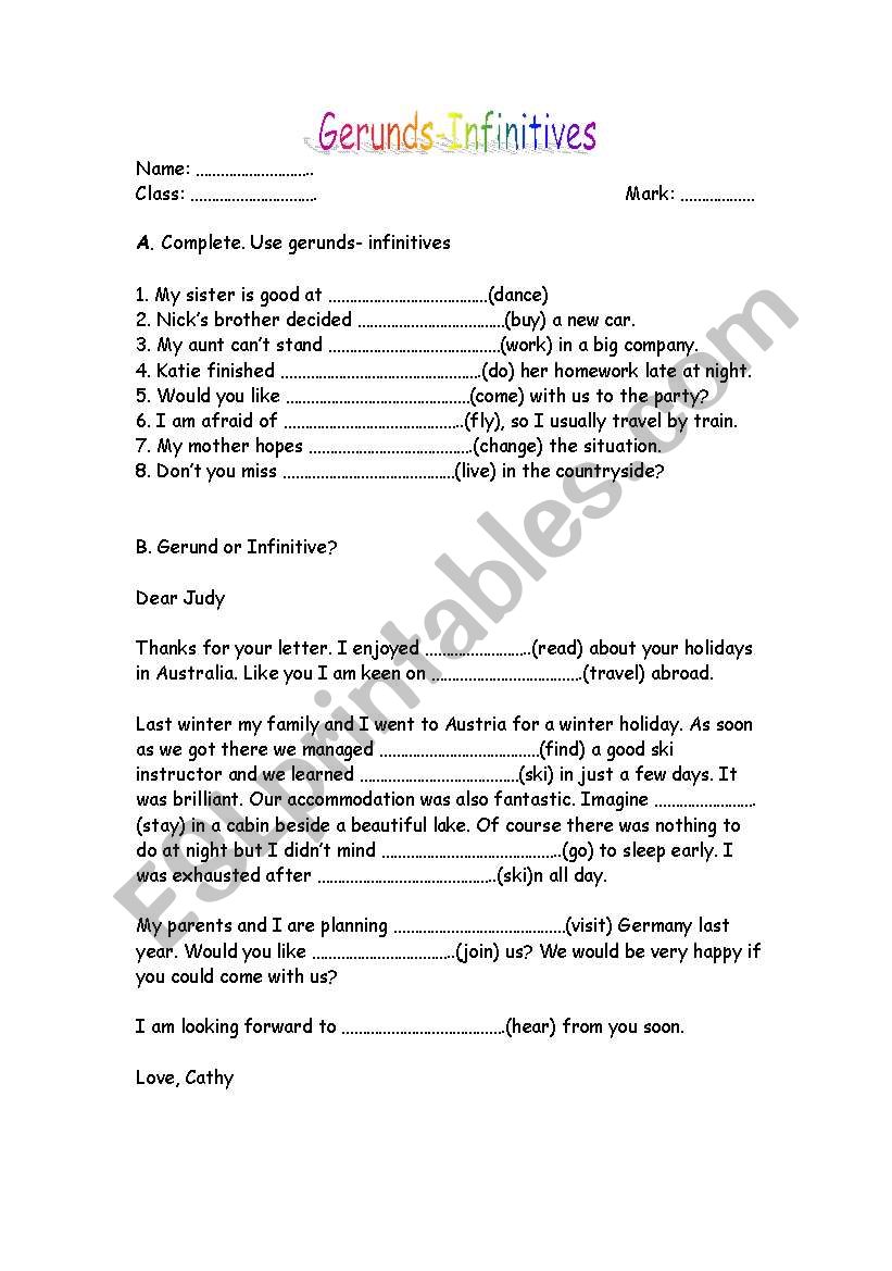 Gerunds and Infinitives worksheet