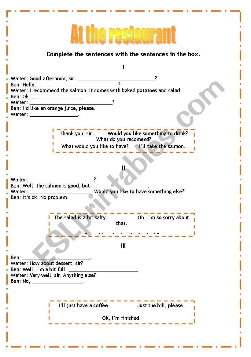 At the restaurant worksheet