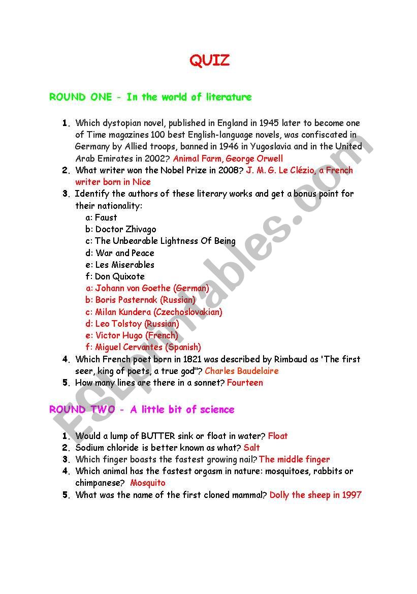 QUIZ worksheet