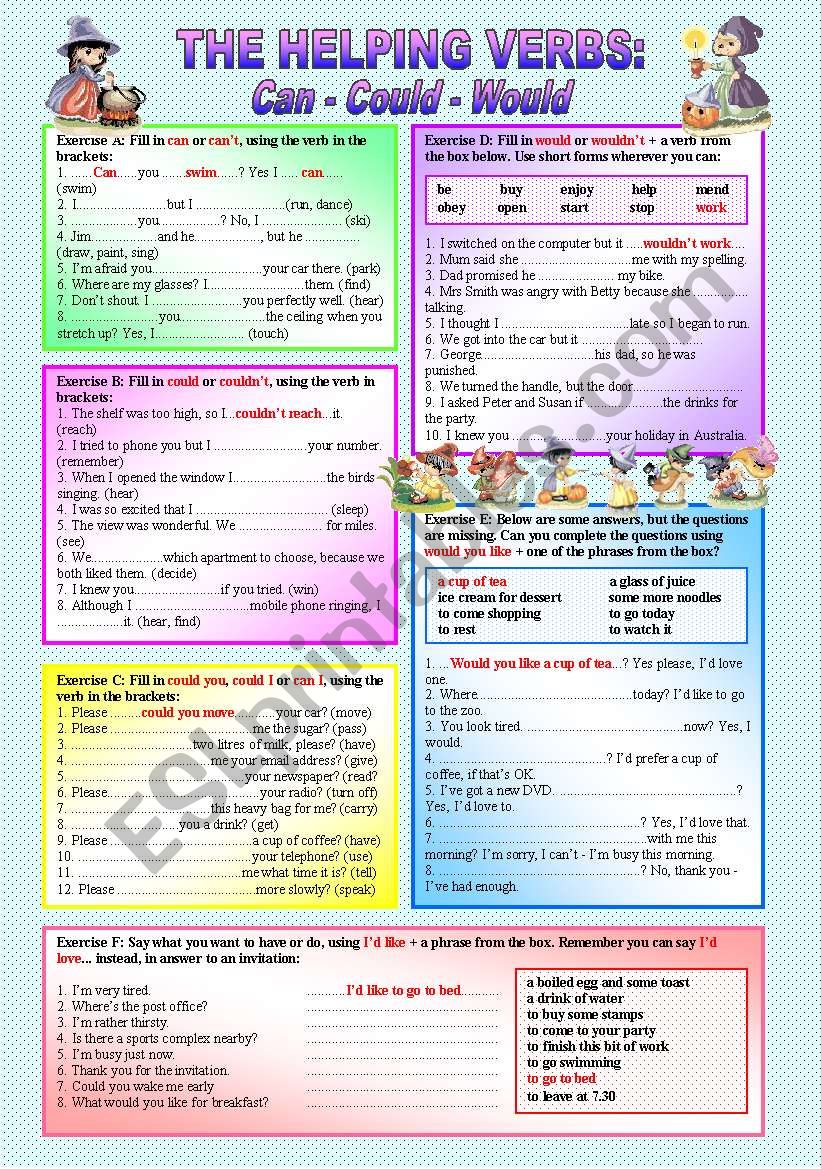 Helping Verbs Can Could Would 6 Exercises 54 Sentences To Complete Elementary To Intermediate B W Version Included Esl Worksheet By Ranclaude