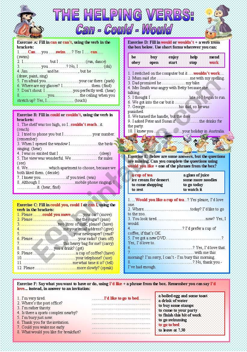 HELPING VERBS - CAN - COULD - WOULD - (( 6 Exercises & 54 Sentences to complete )) - elementary to intermediate - (( B&W VERSION INCLUDED ))