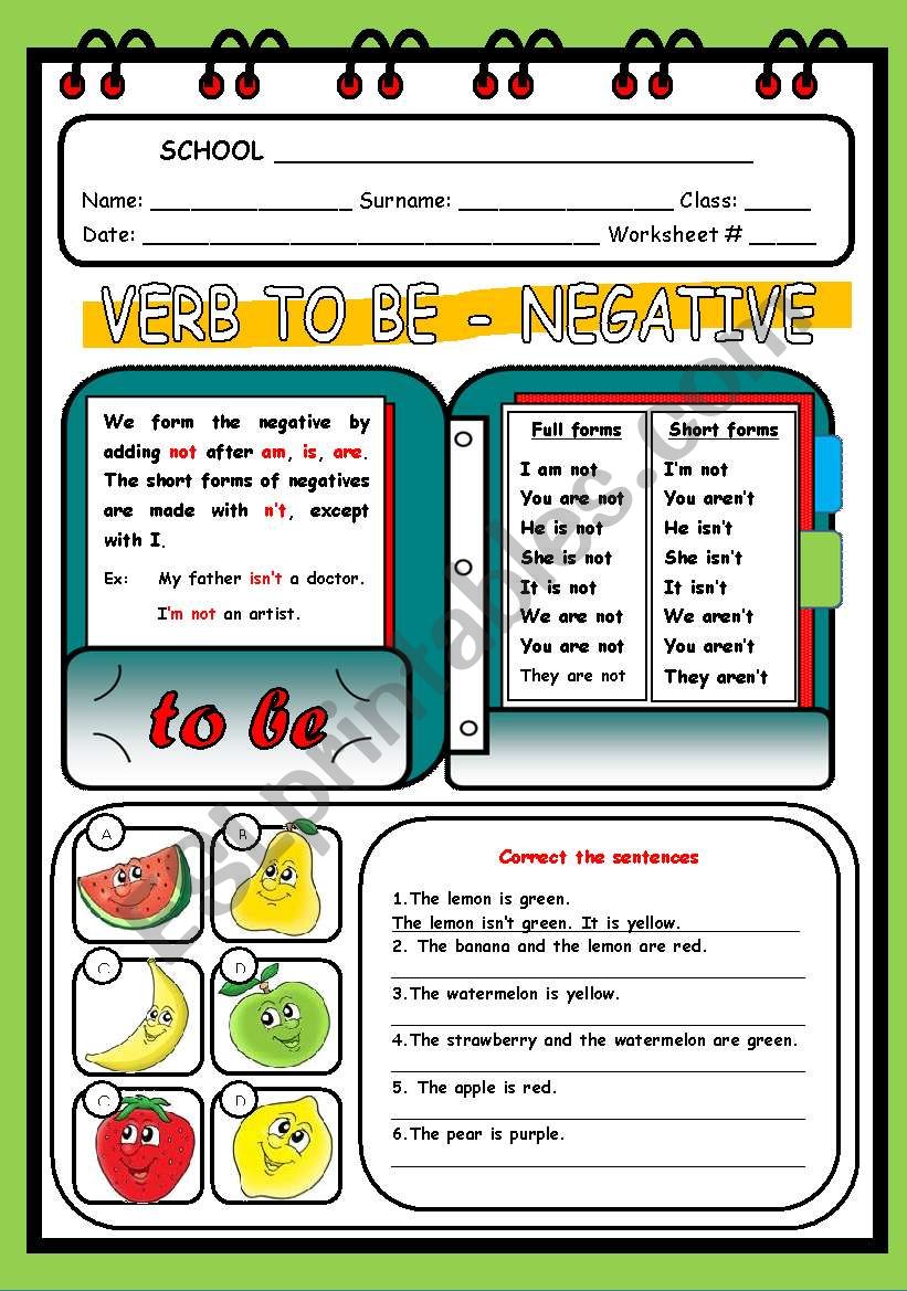 VERB TO BE NEGATIVE ESL Worksheet By Evelinamaria