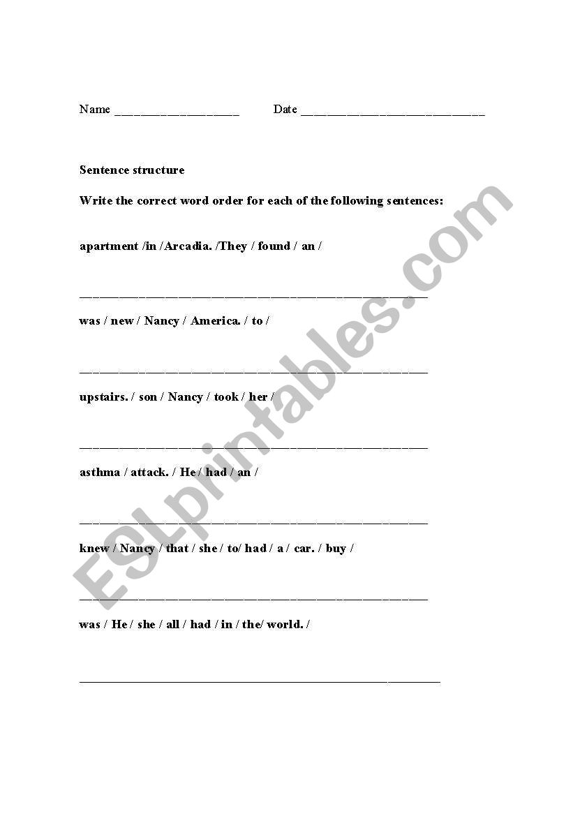 Sentence structure worksheet