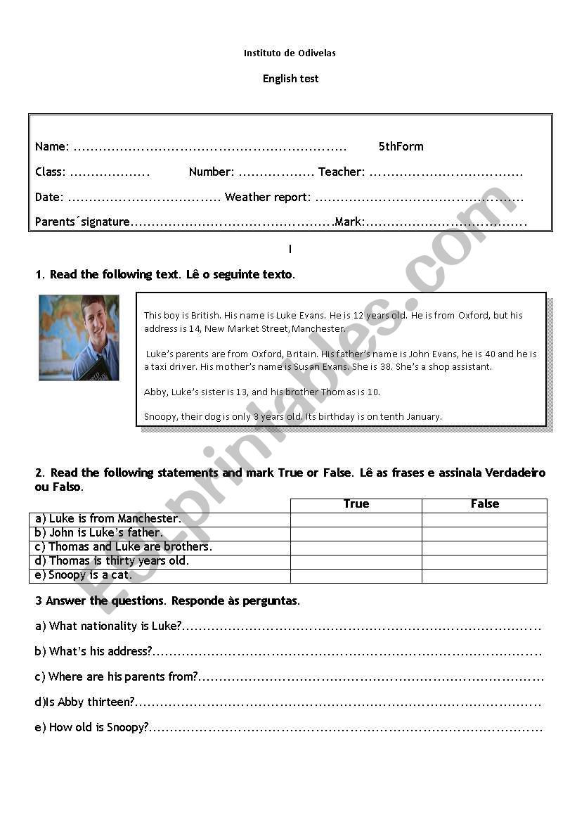 English worksheets answer key of the formative test for the 5th year