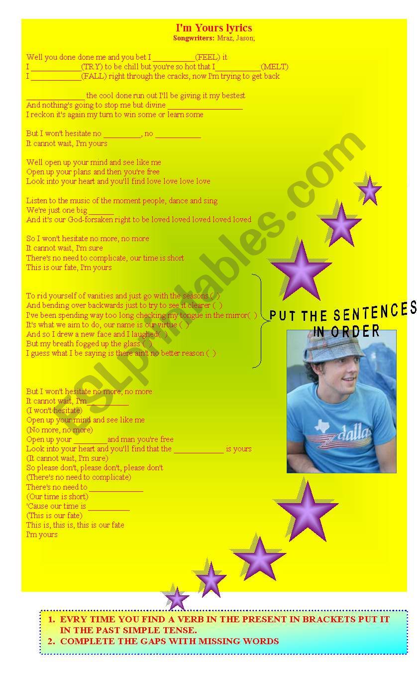 SONG I´M YOURS- JASON MRAZ - ESL worksheet by GigiGraziano