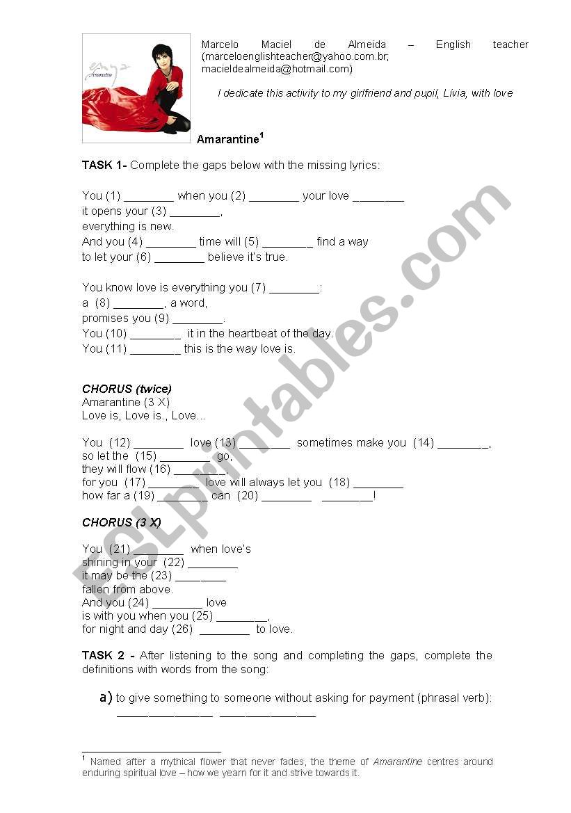 AMARANTINE (ENYA) worksheet