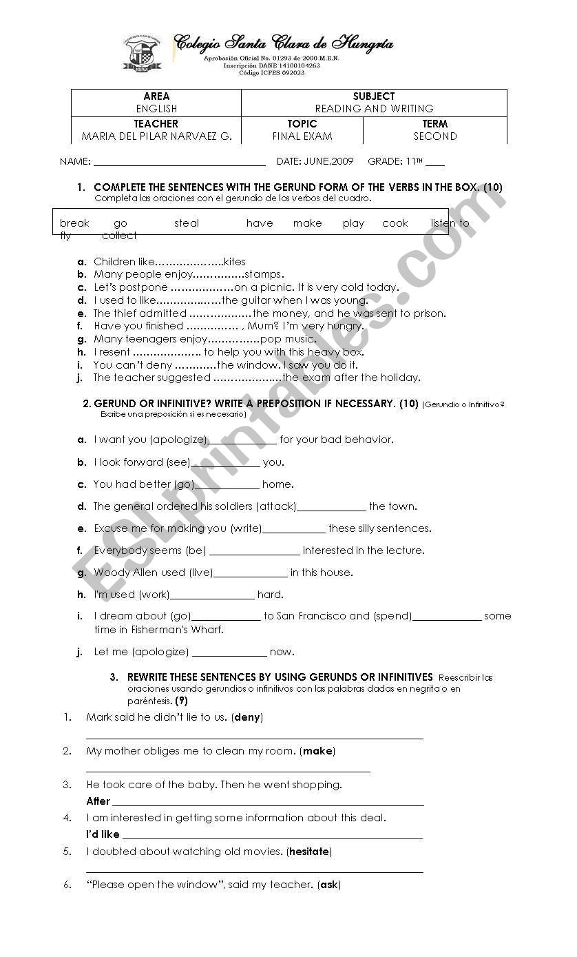 Gerunds and Infinitives worksheet