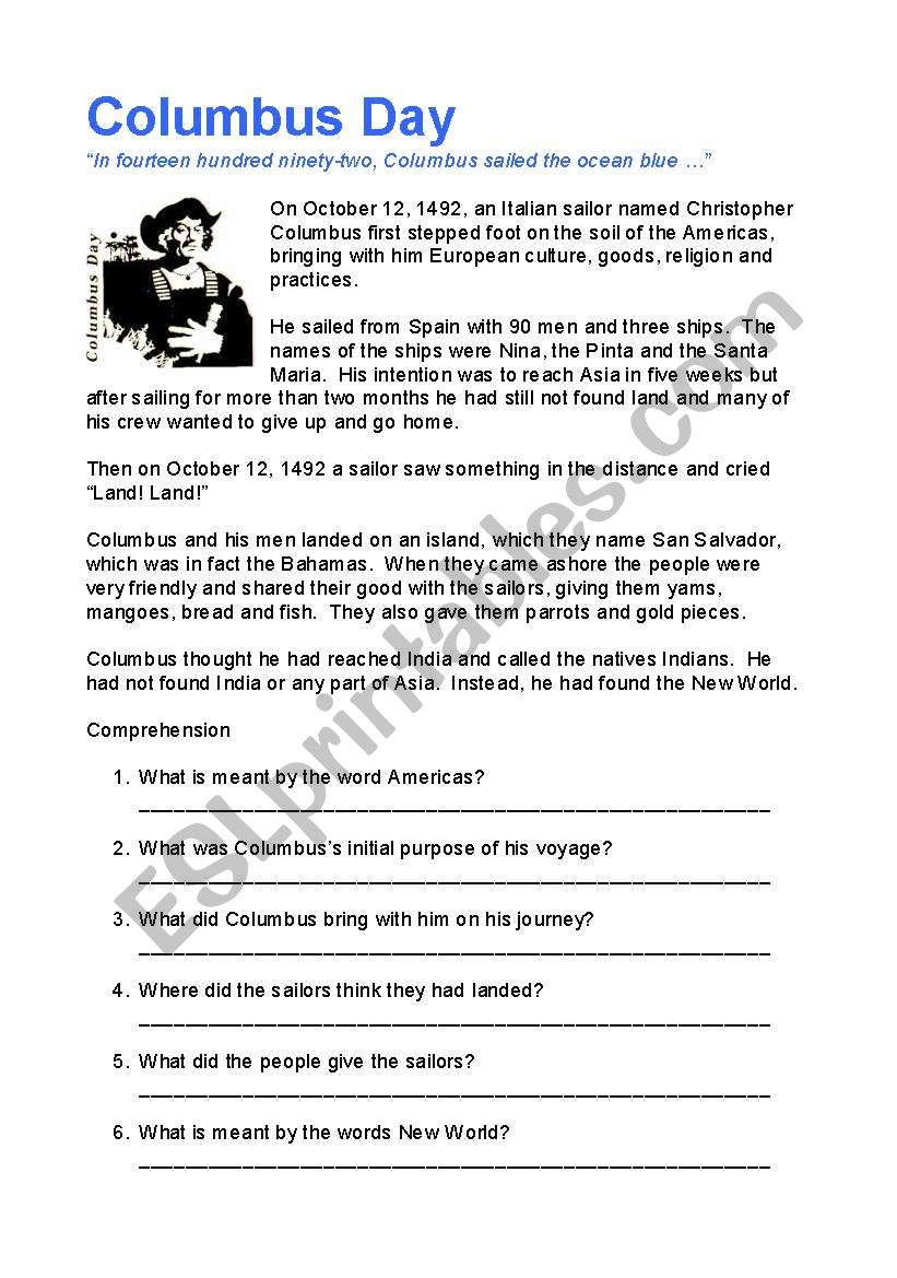 Columbus Day worksheet