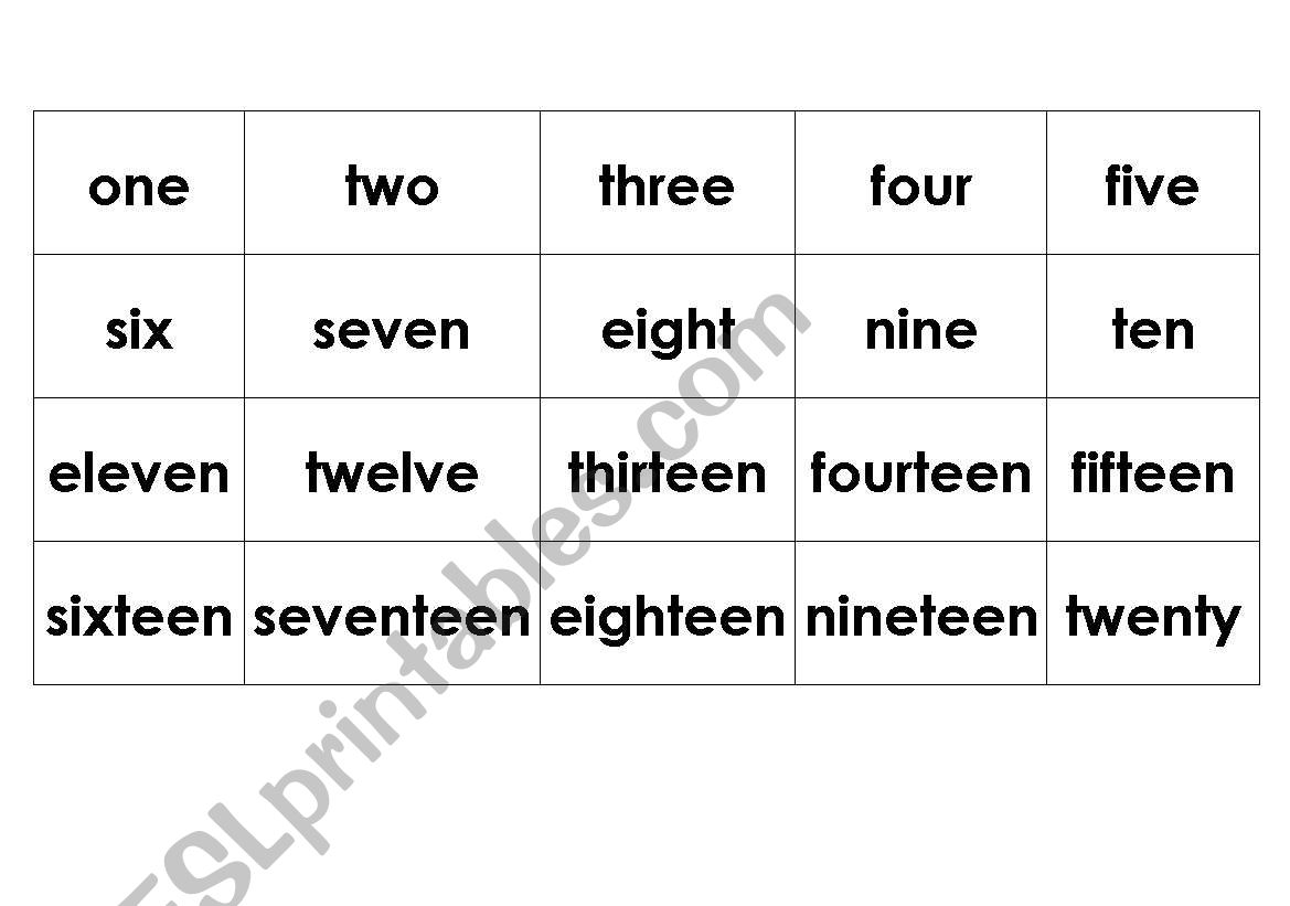 Numbers, 1-20, words worksheet