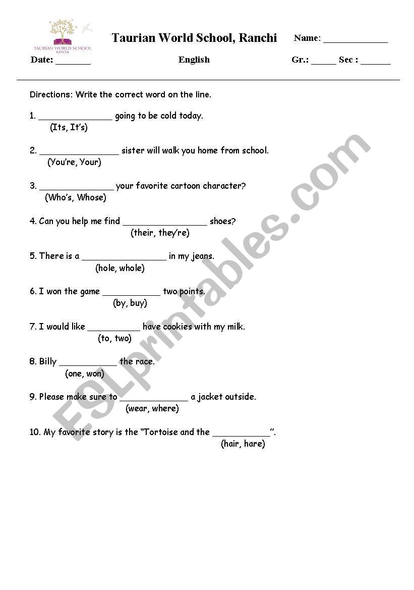 Homophones worksheet