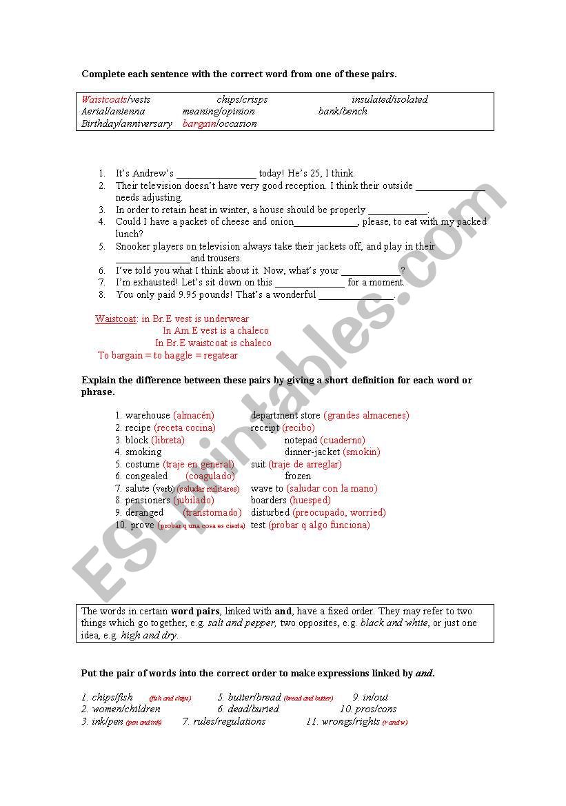 FALSE FRIENDS AND WORD PAIRS worksheet