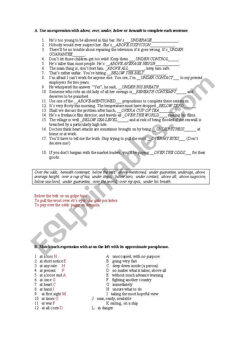 PREPOSITIONS WITH ANSWERS worksheet