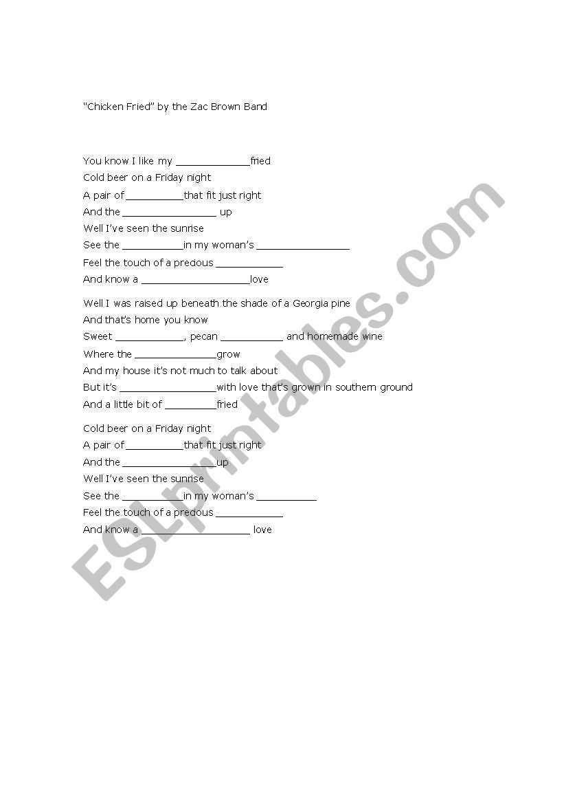 English Worksheets Song Lyrics For Chicken Fried By Zac Brown