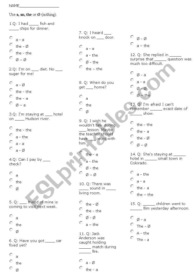 QUIZ, THE ARTICLE A, AN , THE worksheet