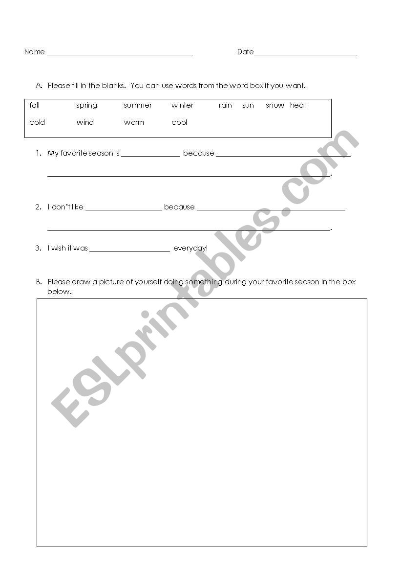 Worksheet for the Four Seasons