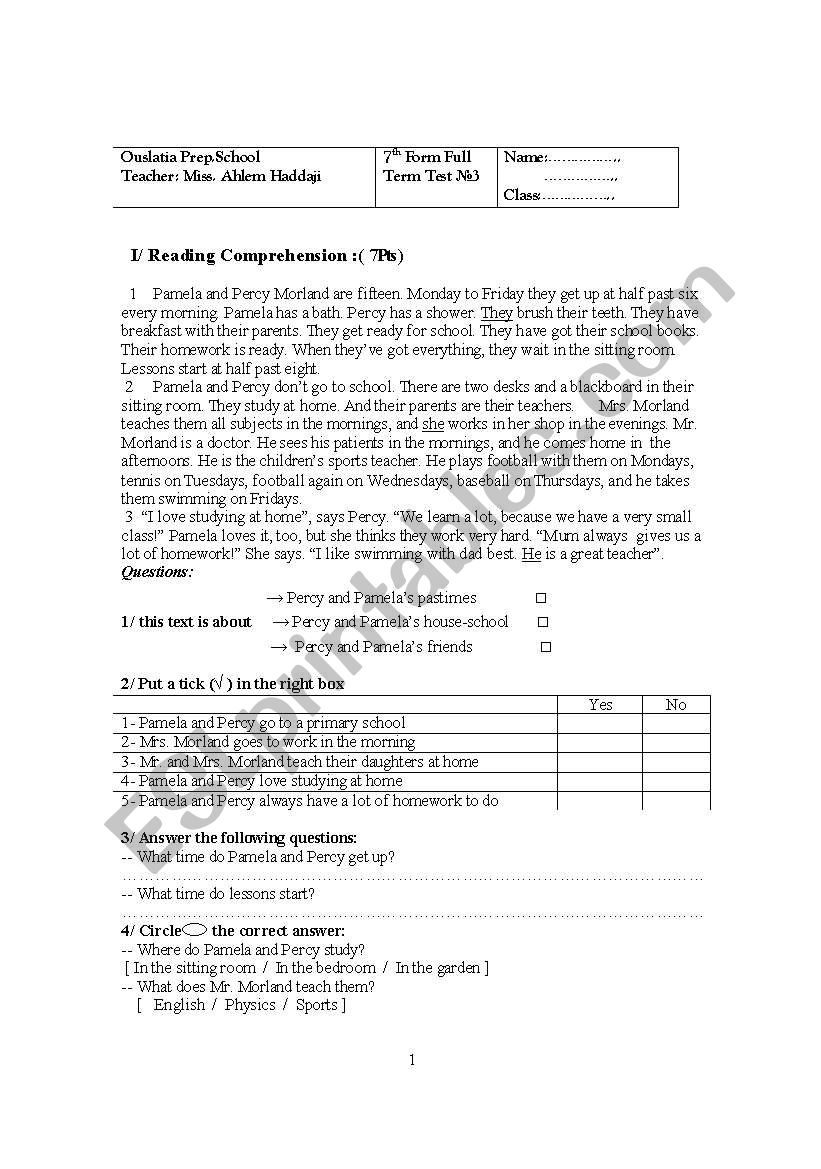 exam worksheet