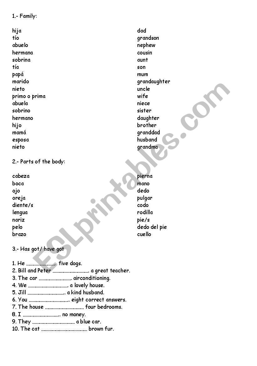 FAMILY AND THE BODY. HAVE GOT AND PRONOUNS