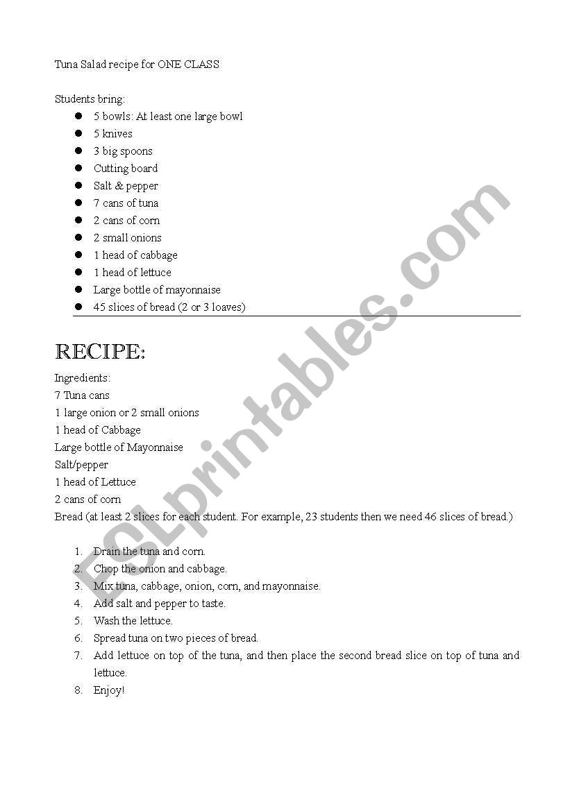 Hands-on Recipe Lesson  worksheet