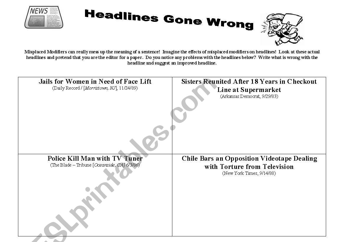 Misplaced Modifier Headlines worksheet