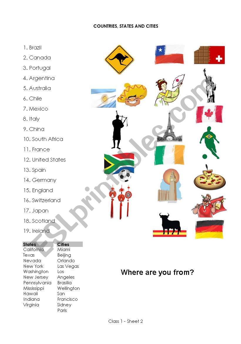Countries, states and cities worksheet