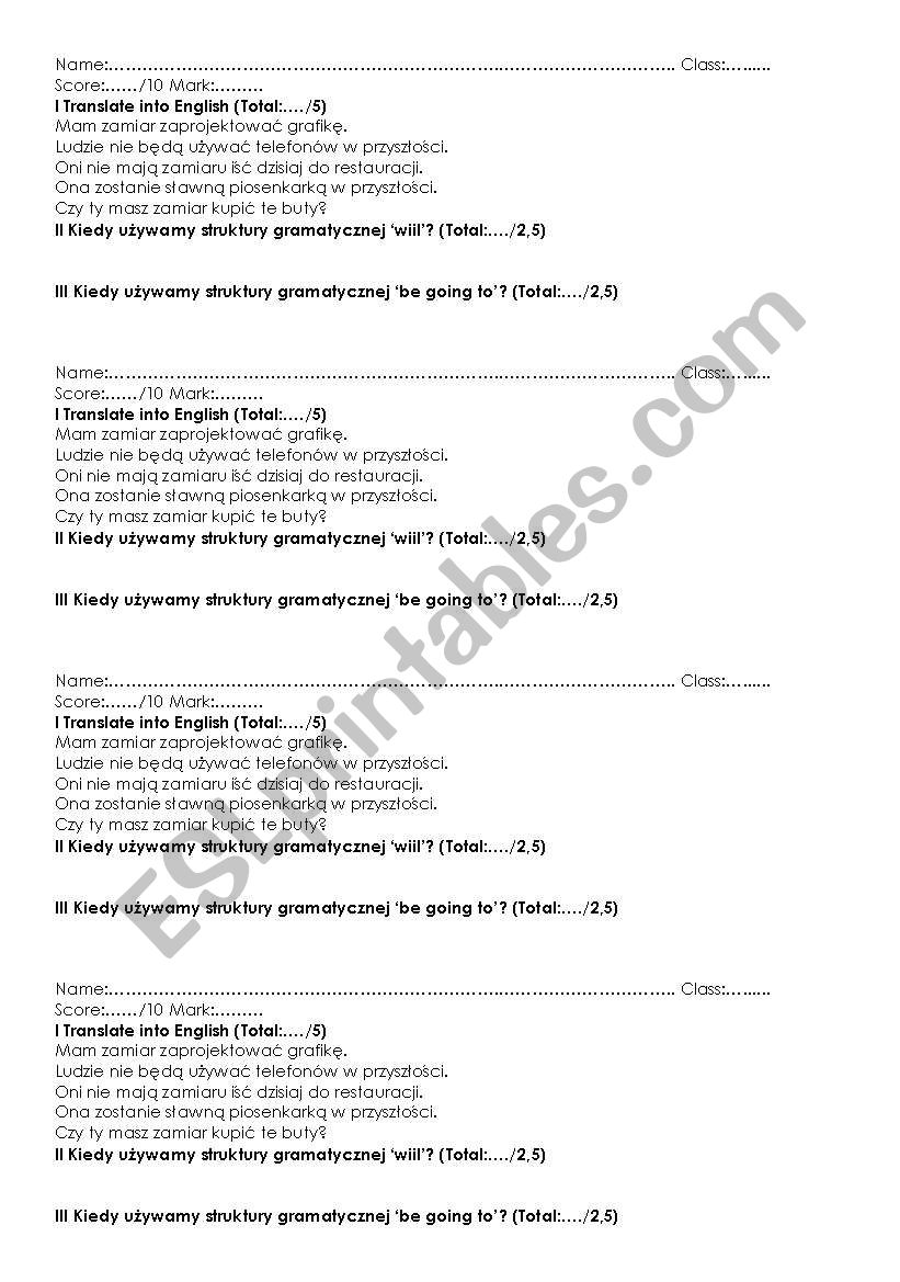 Will vs be going to quiz worksheet