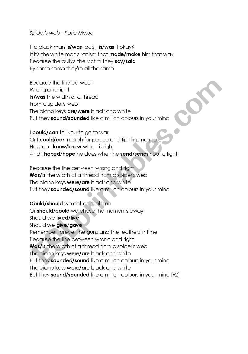 Katie Melua Spiders Web worksheet