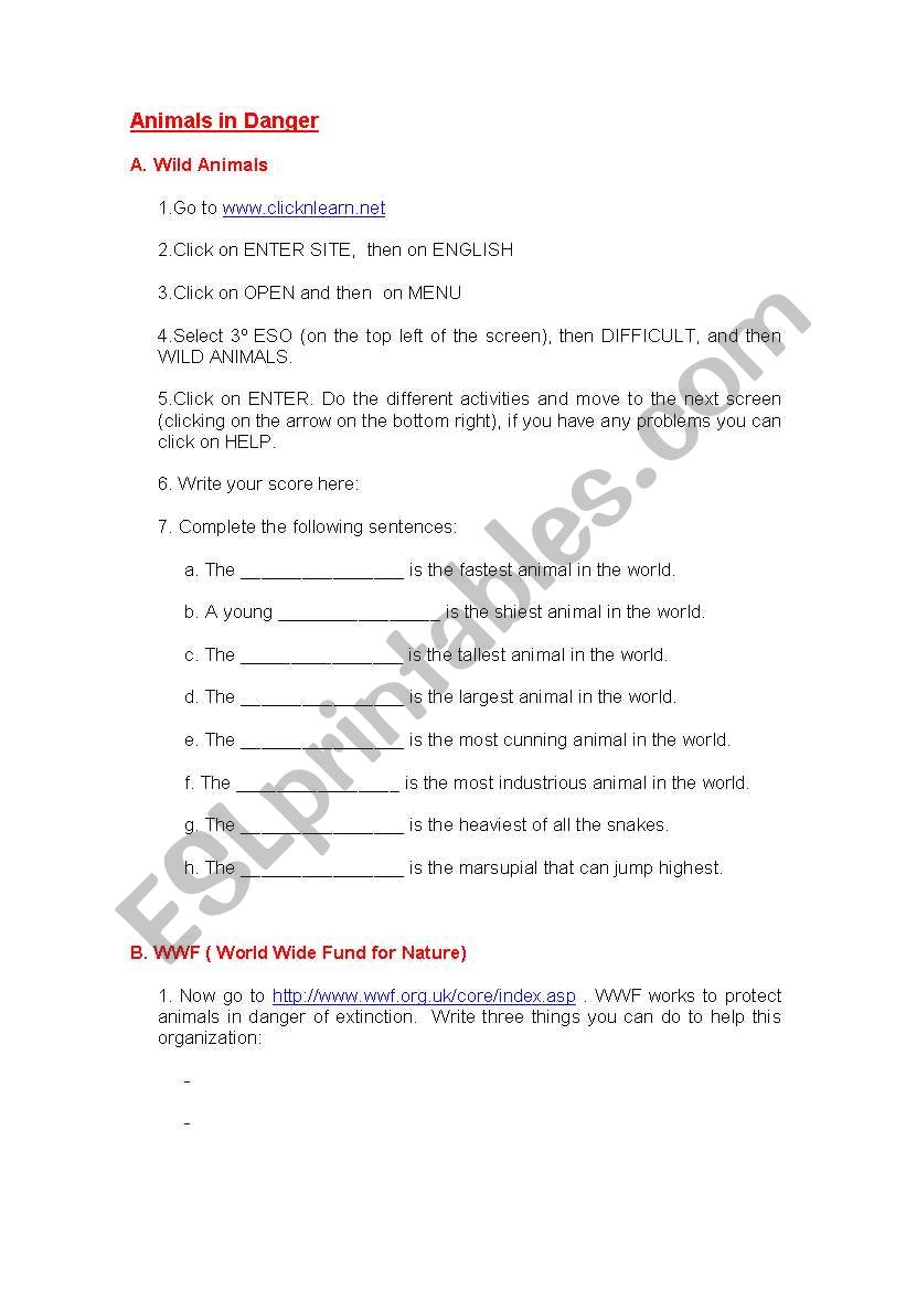 Animals in danger worksheet