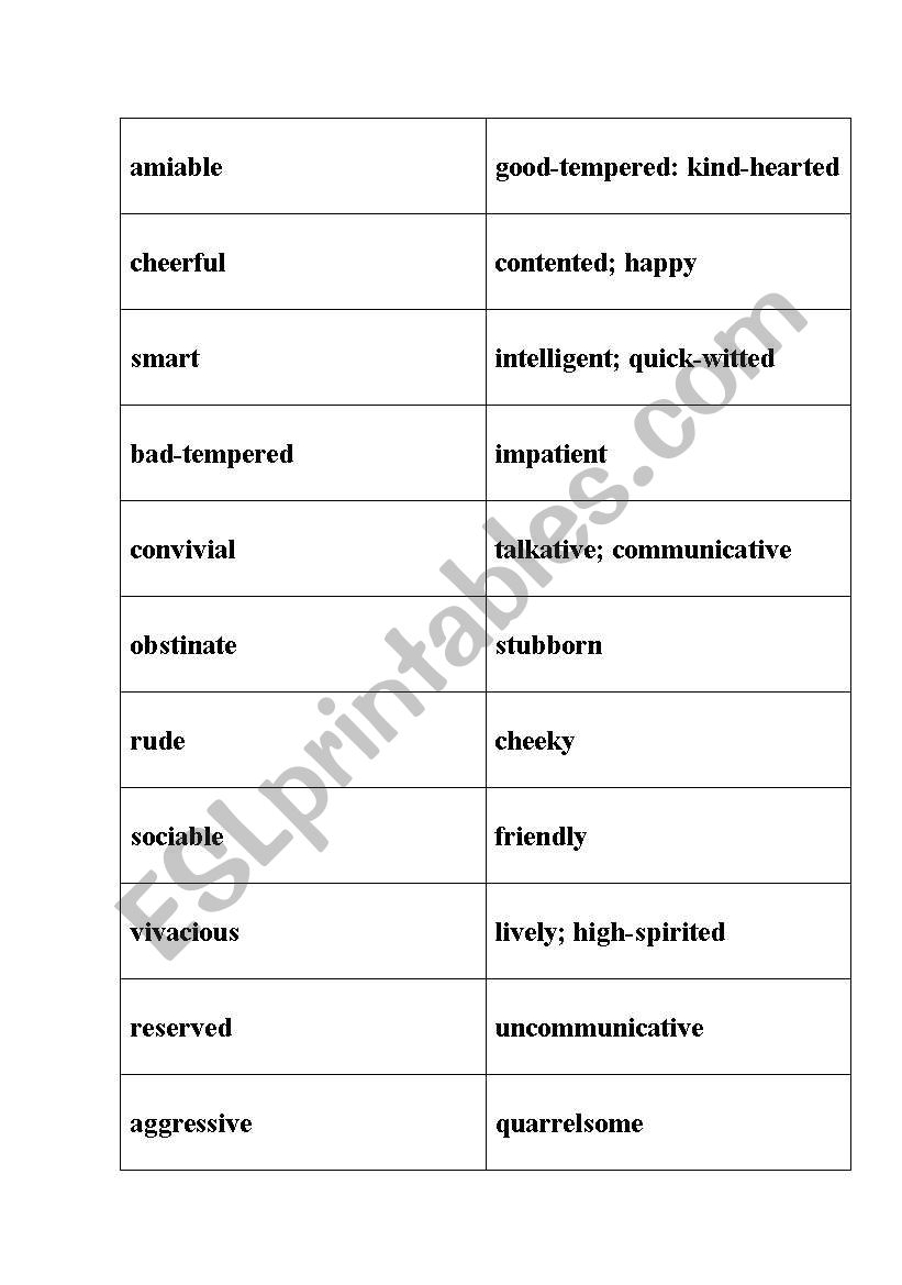 Character synonyms worksheet