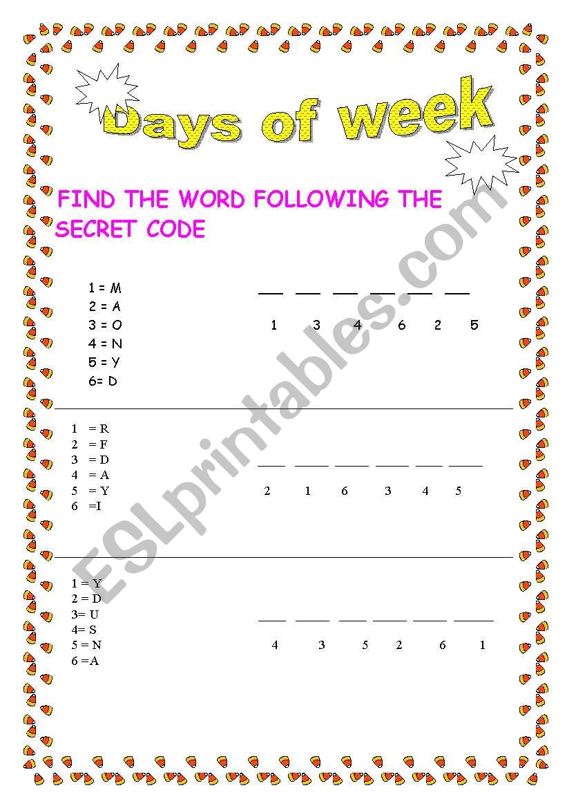 days of the week worksheet