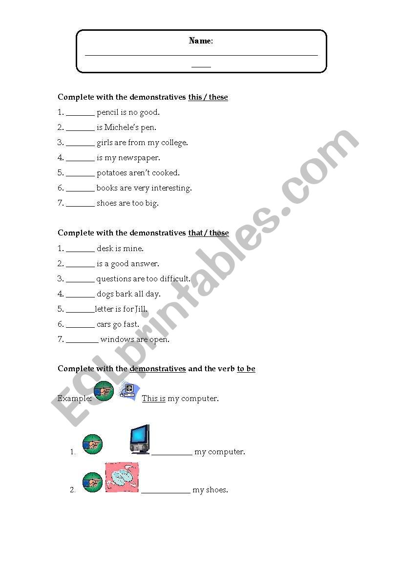 The demonstratives worksheet