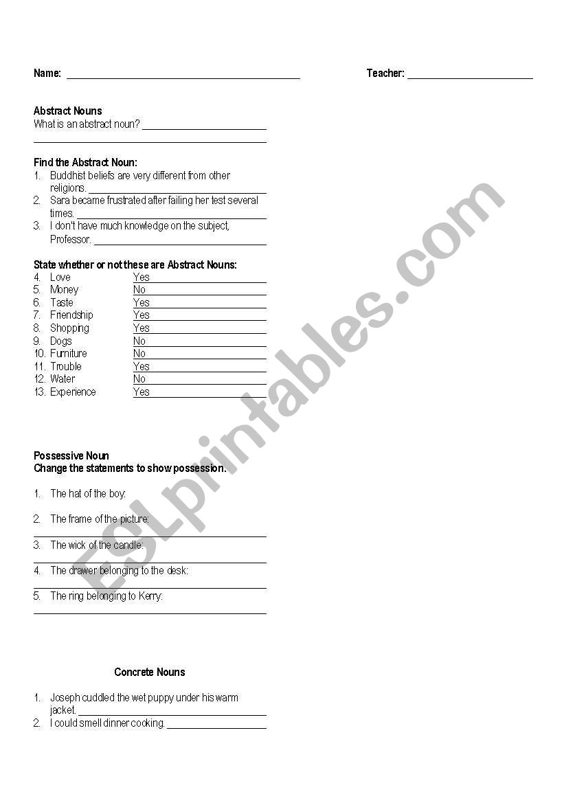 Abstract Nouns worksheet