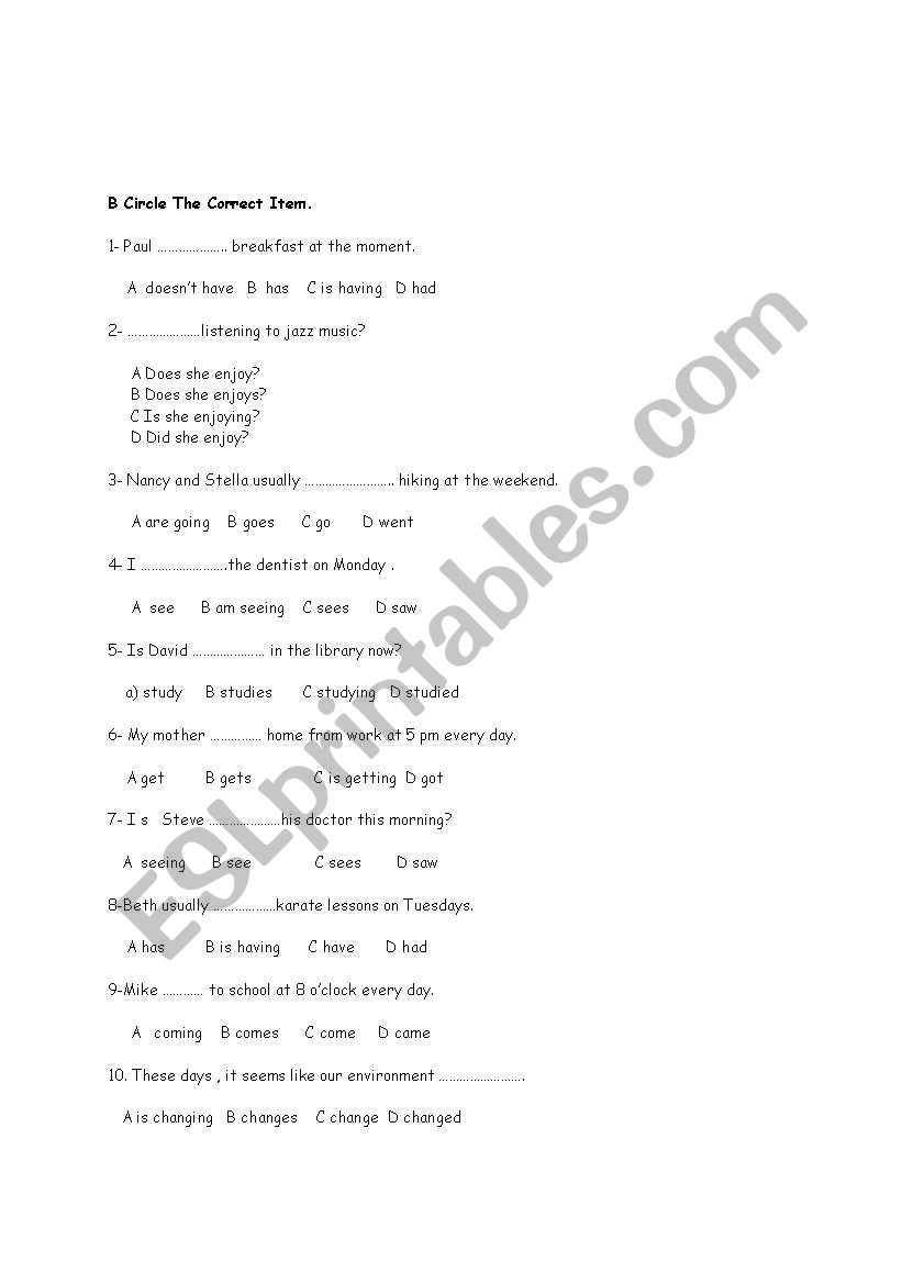 multiple choice worksheet