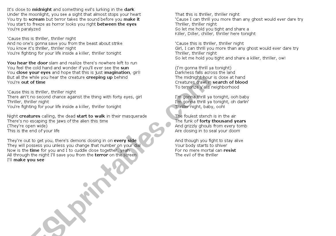 thriller song worksheet