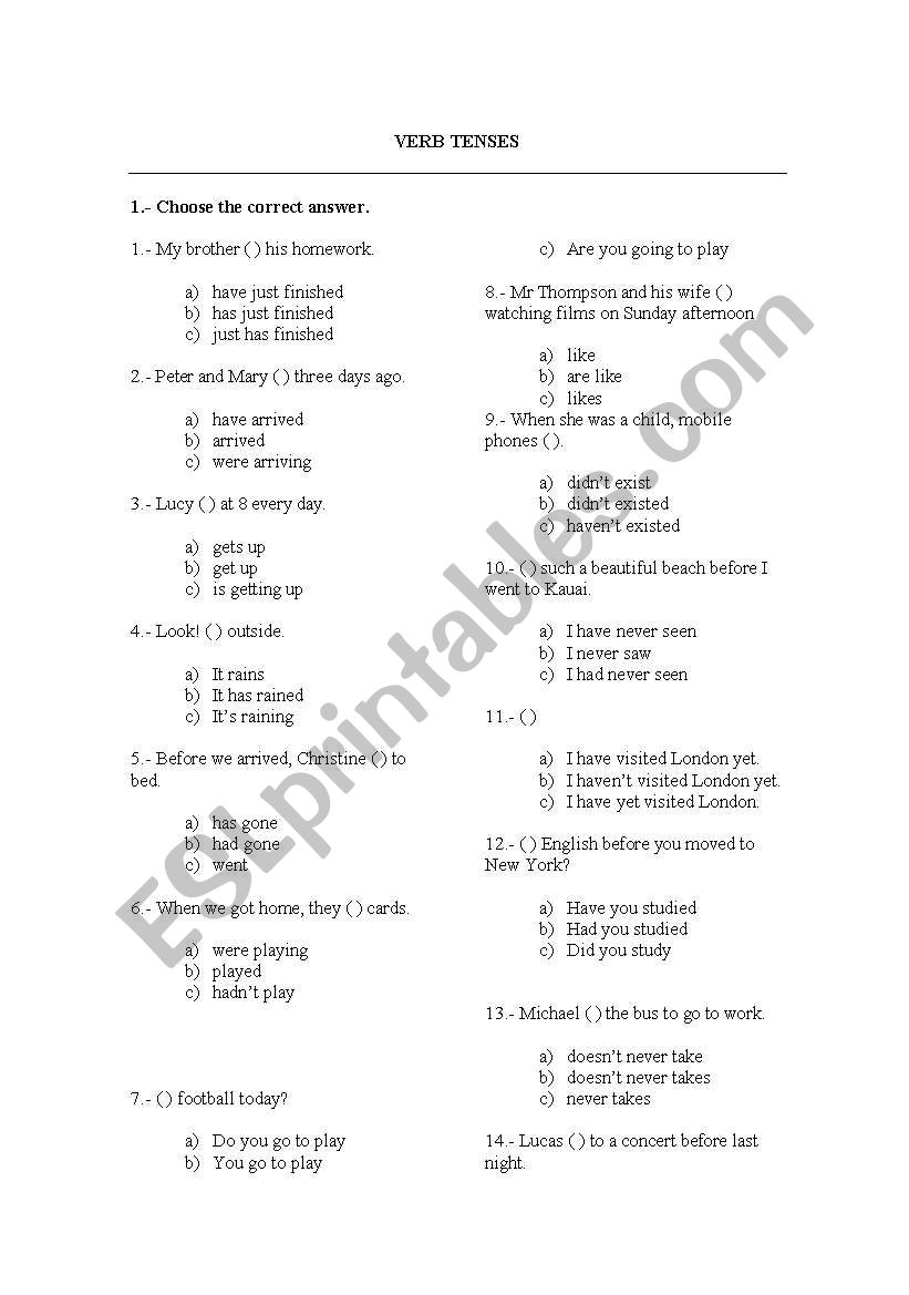 Verb tenses worksheet