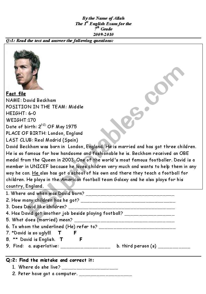 An Exam worksheet