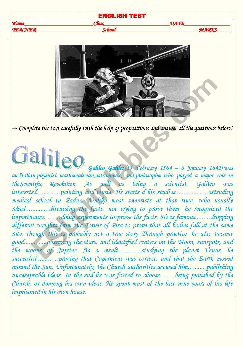 comprehension  TEST - Galileo Galilei 
