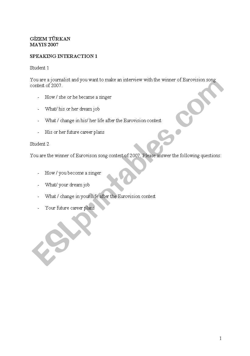 speaking interaction  worksheet