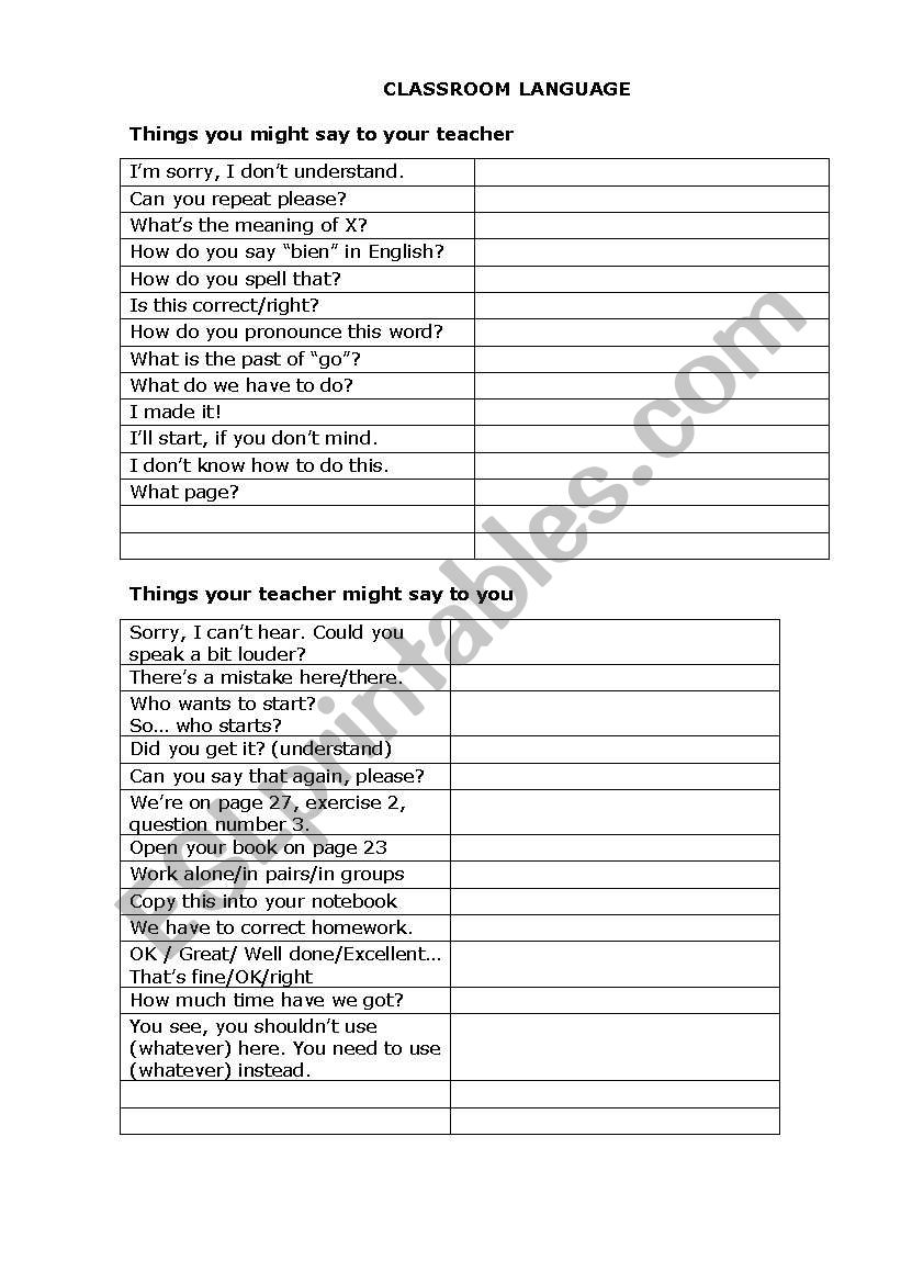 Classroom language worksheet