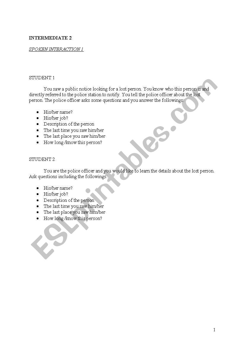 speaking interaction  worksheet